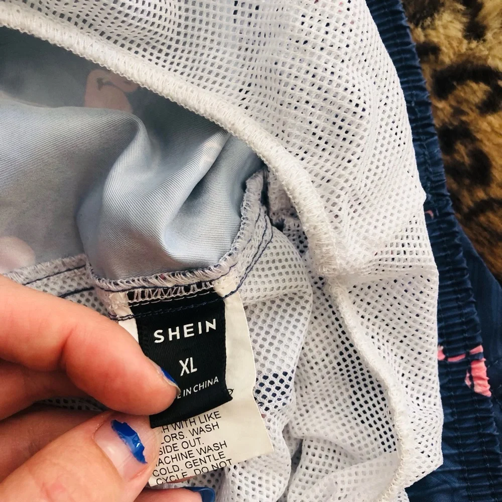 SHEIN Navy Blue Flamingo-Print Swim Trunks with White Drawstring